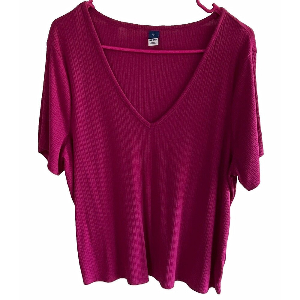 Old Navy Women’s XL Pink Solid Ribbed Knit V-Neck Stretch Short Sleeve Top